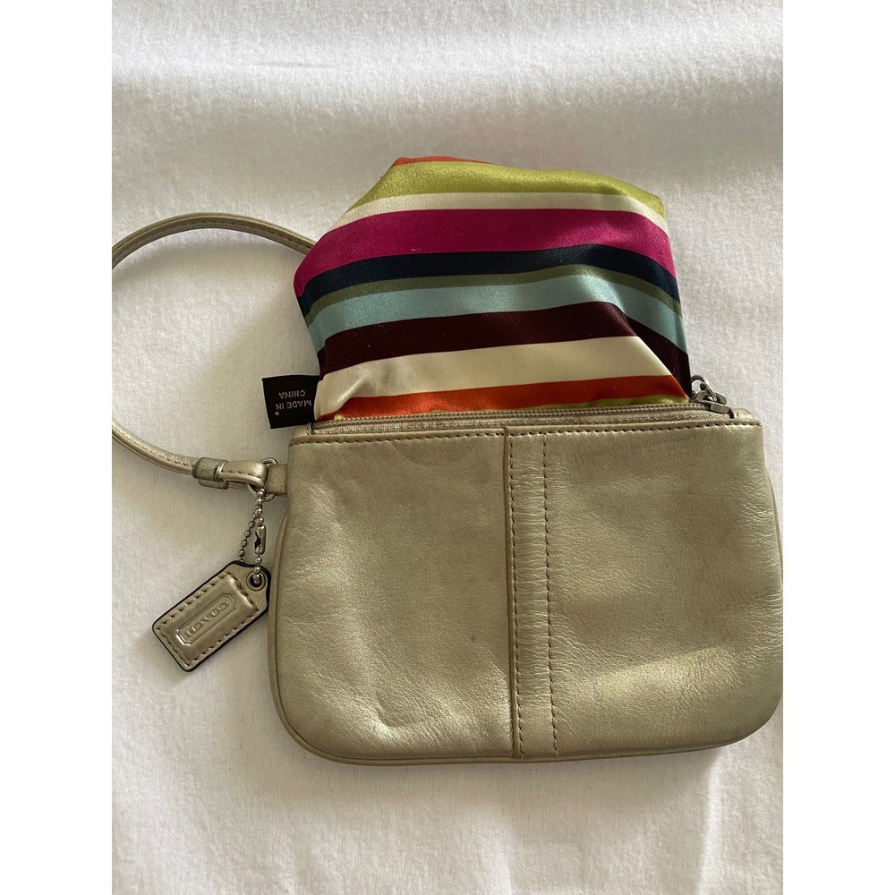 Coach Metallic Champagne Gold Leather Wristlet with Striped Satin Lining Small